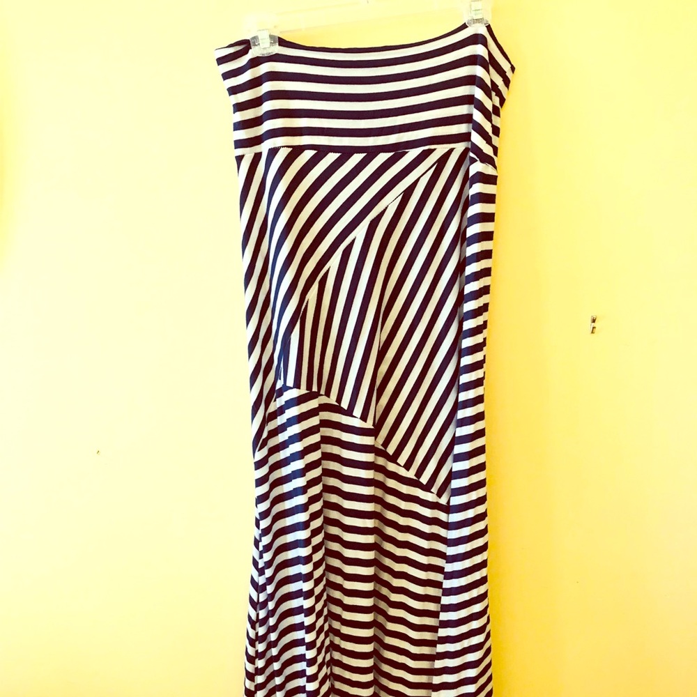 Full length, navy striped skirt